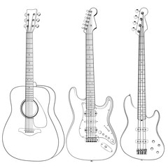 Fototapeta na wymiar Three guitars: bass, electro and acoustic.