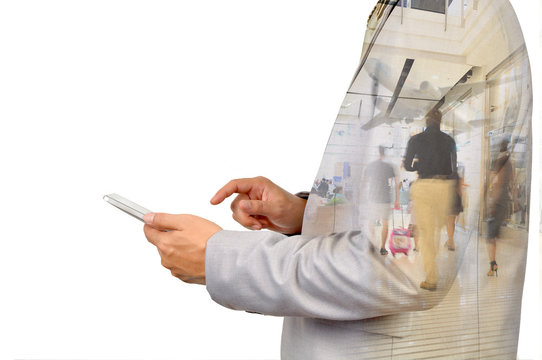Double Exposure image of Businessman use Digital Tablet and Peop