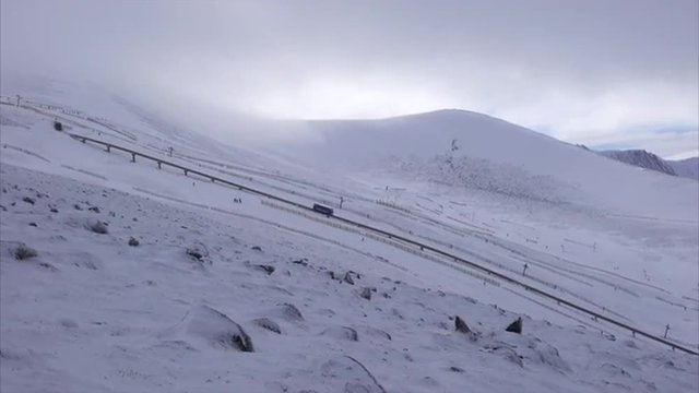 Looking towards the Funicular Railway and ski runs in the Cairngorms in the Scottish Highlands in winter. 