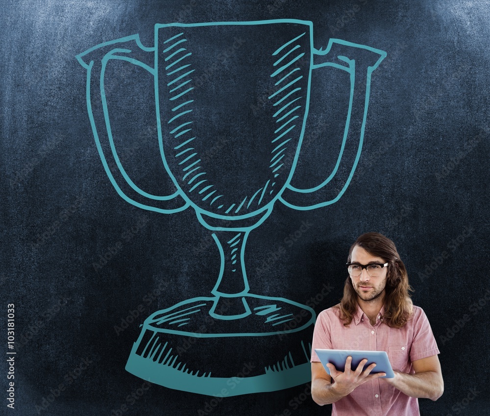 Poster composite image of confident hipster using digital tablet