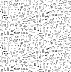 Fototapeta na wymiar Seamless background hand drawn doodle Kitchen utensils set Vector illustration Sketchy kitchen ware icons collection Isolated appliance kitchen tools symbols Cooking equipment Tea pot Pan Knife Cup
