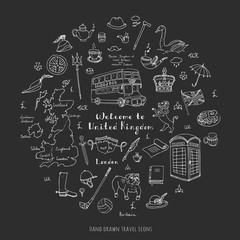 Hand drawn doodle United Kingdom set Vector illustration UK icons  Welcome to London elements British symbols collection Tea Bus Horse riding Golf Crown Beer Lion Bulldog London bridge Big Ben Tower
