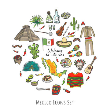 Hand drawn doodle Mexico set Vector illustration Sketchy mexican food icons United Mexican States elements Flag Maracas Sombrero Welcome to Mexico Maya Pyramid Aztec Tequila Agave Poncho Guacamole