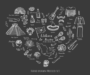 Hand drawn doodle Mexico set Vector illustration Sketchy mexican food icons United Mexican States elements Flag Maracas Sombrero Welcome to Mexico Maya Pyramid Aztec Tequila Agave Poncho Guacamole