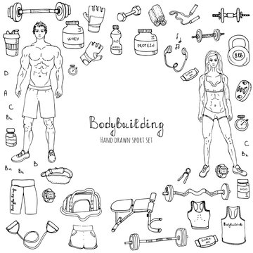 Hand drawn doodle Bodybuilding set Vector illustration sport icons Body building elements Fitness symbols collection Sport equipment Fitness and gym design Strong man and fit woman Weight lifting gear