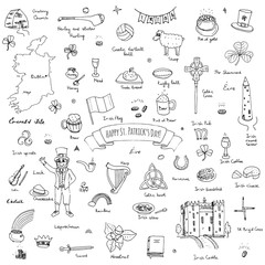 Happy St. Patrick's Day! Hand drawn doodle Ireland set Vector illustration Sketchy Irish traditional food icons elements Flag Map Celtic Cross Knot Castle Leprechaun Shamrock Harp Pot of gold