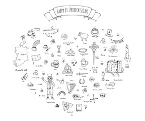 Happy St. Patrick's Day! Hand drawn doodle Ireland set Vector illustration Sketchy Irish traditional food icons elements Flag Map Celtic Cross Knot Castle Leprechaun Shamrock Harp Pot of gold