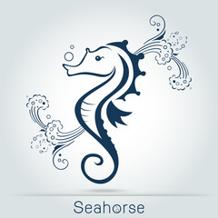 seahorse with wave and sponge, monochromatic. Vector illustration