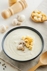 European lunch, cream soup made of mushrooms, delicious food