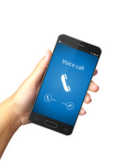 Hand holding smart phone with incoming call on display
