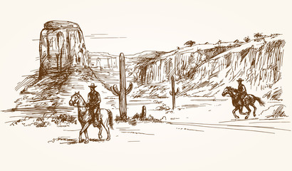 American wild west desert with cowboys - hand drawn illustration - 103183041
