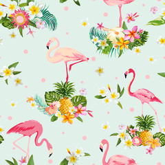 Flamingo Bird and Tropical Flowers Background - Retro seamless pattern - obrazy, fototapety, plakaty