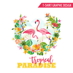 Tropical Graphic Design - Flamingo and Tropical Flowers - for t-shirt