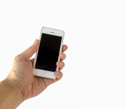 Male Hand Holding White Smartphone with Blank Black Screen on White Background
