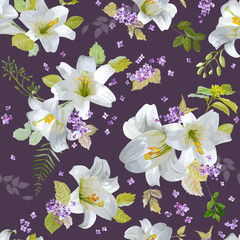Fototapeta na wymiar Spring Lily Flowers Background - Seamless Floral Shabby Chic Pattern