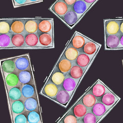 A seamless pattern with the makeup eyeshadow palettes. All elements were hand-drawn in a watercolor on a black background.