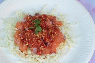 Spicy salmon salad of delicious.