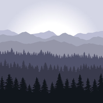 Blue Fog Coniferous Forest and Mountains Background. Vector