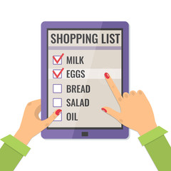 Shopping list. Application for shopping on tablet compute. Icon in flat style, vector illustration.