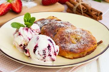 Dessert: apple rings dipped in batter and ice cream