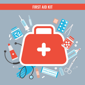 First aid kit with medical equipment. First emergency aid concept in flat style, vector illustration.