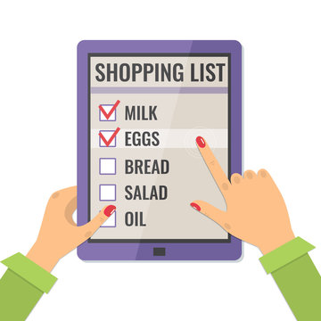 Shopping list. Application for shopping on tablet compute. Icon in flat style, vector illustration.