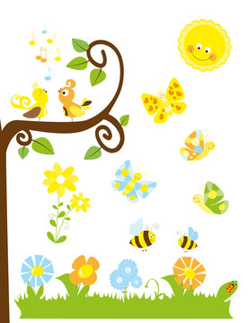 Set of cute cartoon nature elements  : spring / summer collection for children with sun, flowers , tree, birds, flying bees, butterflies