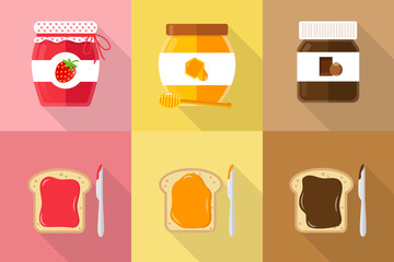 glasses of spread jam chocolate honey with toast and knife flat vector icons with shadow