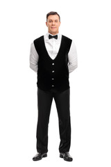 Full length portrait of a cheerful male waiter