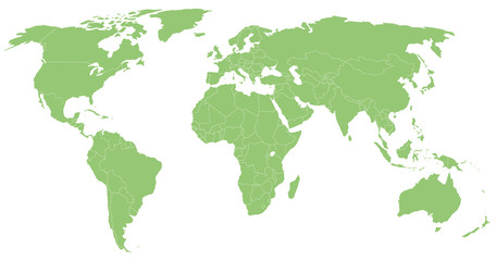 Fototapeta na wymiar detailtreue grüne Weltkarte mit den einzzelnen Ländern