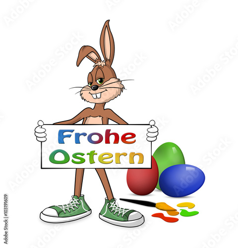 lustiger Osterhase malt Schild Frohe Ostern Imagens e lustiger Osterhase malt Schild Frohe Ostern Imagens e