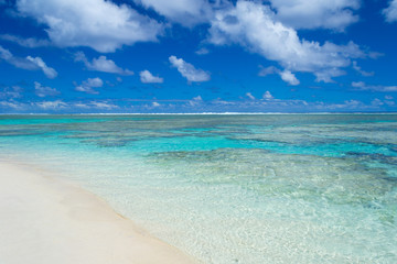 Fototapeta na wymiar White beach on desert island in Rarotonga, Cook Islands