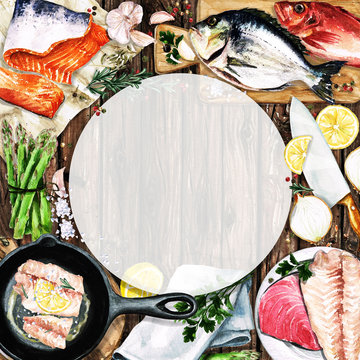 Watercolor background with space for text - Cooking Fish