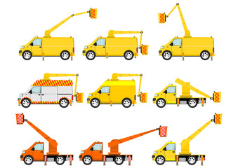 Cartoon self drive platforms (cherry pickers) on the white background. Vector
