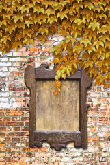 Wooden notice board against a brick wall covered in ivy