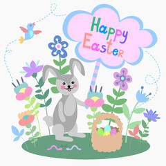 Fototapeta na wymiar Cute beautiful Happy easter greeting card illustration retro vintage with easter bunny, easter rabbit, ornaments, and fonts