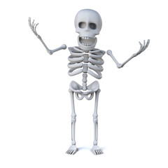 3d Skeleton is laughing and waving his boney arms in the air