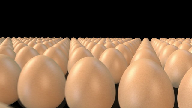 Camera flying though a maze of perfectly aligned 3D eggs on black background
