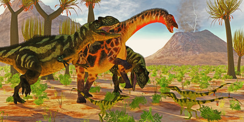 Dicraeosaurus attacked by Yangchuanosaurus - Yangchuanosaurus dinosaurs try to take down a Dicraeosaurus sauropod as three Juravenator reptiles watch.