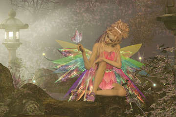 Obraz na płótnie Canvas Fairy Dreams - A small fairy with wings waits as a pink butterfly lands on her finger in a magical woodland forest.