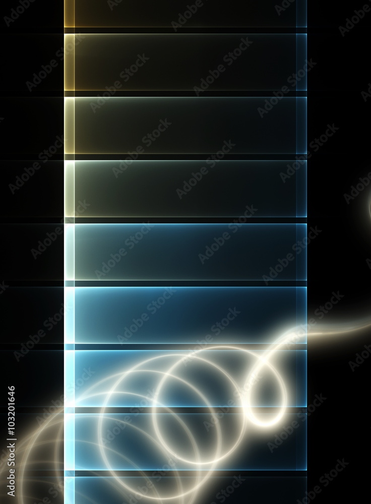 Poster vertical template with abstract transparent plates and light spiral on black background