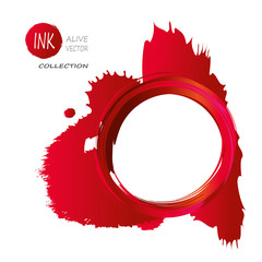 Abstract grunge frame - vector red ink painting. Watercolor style vector bright circle frame as red wine or blood splashes around text place. Red vintage frame or stain. Design element. isolated.
