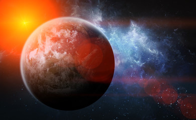 Obraz premium Sunrise over exoplanet Earth in space