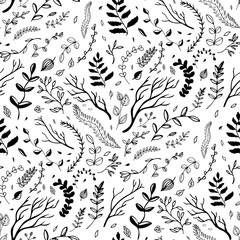 Fototapeta premium Seamless pattern. Hand drawn branches and leaves.
