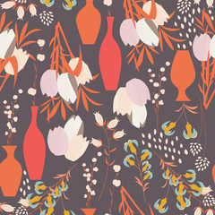Vector seamless pattern with floral elements, spring flowers, tu