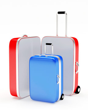 Travel suitcases open and closed isolated on white background