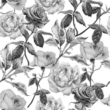 Monochrome seamless pattern with flowers. © redneks