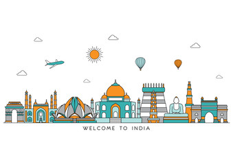 India skyline detailed silhouette. Vector background. line illustration. Line art style