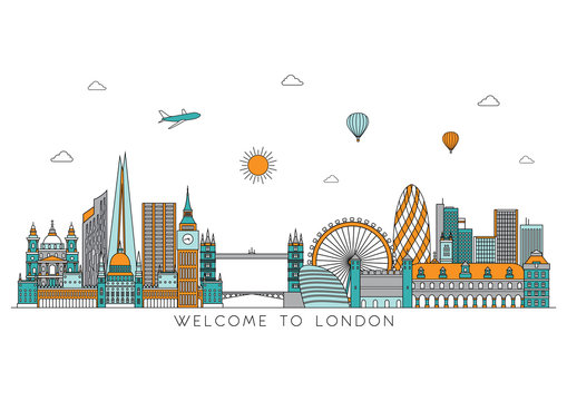 London skyline detailed silhouette. Vector background. line illustration. Line art style