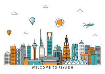Riyadh detailed Skyline. Travel and tourism background. Vector background. line illustration. Line art style